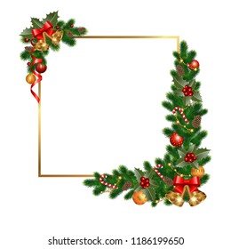 Christmas background with decorations, fir tree and decorative elements. Vector illustration.