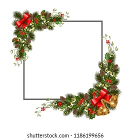 Christmas background with decorations, fir tree and decorative elements. Vector illustration.