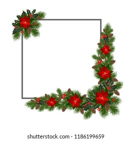Christmas background with decorations, fir tree and decorative elements. Vector illustration.
