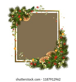 Christmas background with decorations, fir tree and decorative elements. Vector illustration.