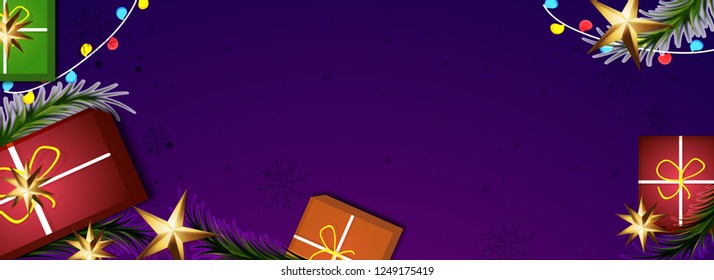 Christmas background with decorations gift boxes, and Christmas tree branches on Background. Merry Christmas.