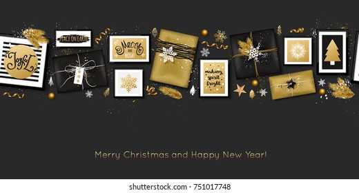 Christmas background with decorations and gift boxes. Vector illustration