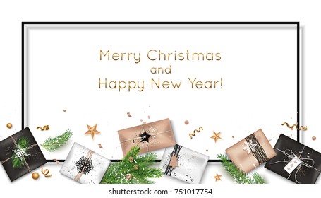 Christmas background with decorations and gift boxes. Vector illustration
