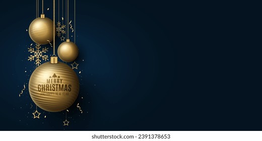 Christmas background with decorations of glittering golden hanging balls, flying confetti, snowflakes and stars. Happy New year banner. Vector illustration. EPS 10.