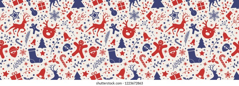 Christmas background with decorations, reindeers and floral elements. Vector.