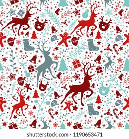 Christmas background with decorations and seamless pattern. Vector.