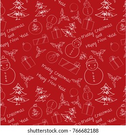 Christmas background with decorations., seamless tiling, great choice for wrapping paper pattern. Hand drawn.