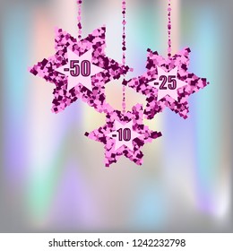 Christmas background with decorations from snowflakes. Discounts for the new year.