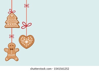 Christmas background with decorations. Vector color illustration. Gingerbread cookie, gingerbread man, christmas decoration