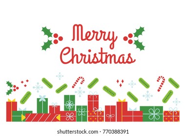 Christmas background with decorations. Vector Horizontal Banner with Gifts. Illustration in a flat style.