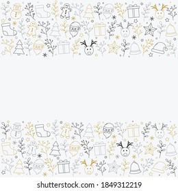 Christmas background with decorations. Xmas card with copyspace. Vector
