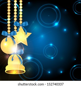 	christmas background with christmas decorations.christmas decorations with blue ribbons on blue glittering background.neon effect.vector