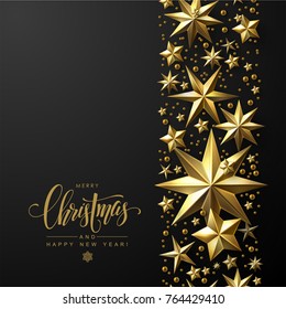 Christmas Background with Decorative Border made of Cutout Gold Foil Stars. Chic Christmas Greeting Card.