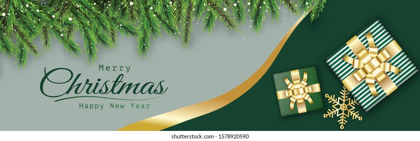 Christmas background decorative design with xmas realistic green gift box and pine branches. Bright green winter background Horizontal banner, poster, greeting cards, headers for website