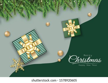 Christmas background decorative design with xmas realistic green gift box, balls and pine branches. Bright green winter background banner, poster, greeting cards, website