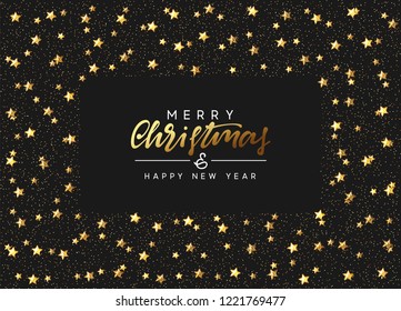 Christmas background with decorative gold stars, bright golden glitter. Handwritten text Merry Christmas and Happy New Year. Xmas greeting card, banner, web poster. Festive vector illustration.