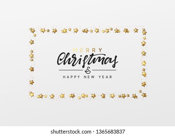Christmas background with decorative gold stars, bright golden glitter. Handwritten text Merry Christmas and Happy New Year. Xmas greeting card, banner, web poster. Festive vector illustration.