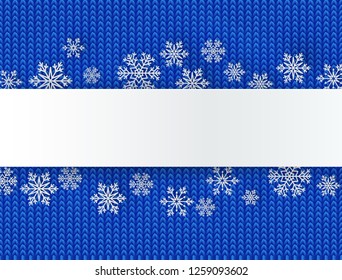 Christmas background with decorative papercut snowflake. Knit pattern. Merry Christmas and Happy New Year Greetings card. Paper cut snowflakes design.