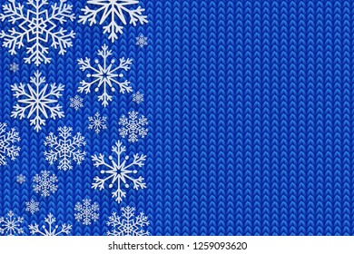 Christmas background with decorative papercut snowflake. Knit pattern. Merry Christmas and Happy New Year Greetings card. Paper cut snowflakes design.