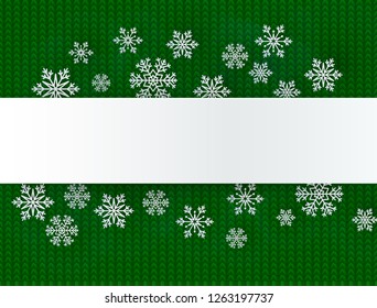 Christmas background with decorative papercut snowflake. Knit pattern. Merry Christmas and Happy New Year Greetings card. Paper cut snowflakes design.