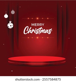 Christmas background with decorative background for product display on Red shine background, and red podium. Vector illustration
