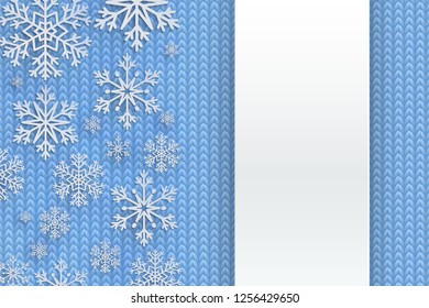 Christmas background with decorative snowflake. Knit pattern with falling snow in papercut style. Merry Christmas and Happy New Year Greetings card. Paper cut snowflakes design.