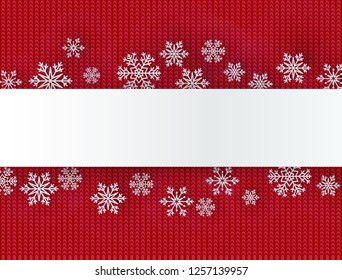 Christmas background with decorative snowflake. Knit pattern. Merry Christmas and Happy New Year Greetings card. Paper cut snowflakes design.