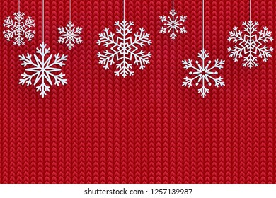 Christmas background with decorative snowflake. Knit pattern. Merry Christmas and Happy New Year Greetings card. Paper cut snowflakes design.