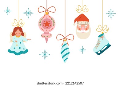 Christmas background with decorative toys. Christmas ornaments hanging down elegantly. Holiday decor, card, poster, invitation, announcement.