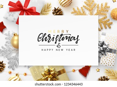 Christmas background with decorative Xmas elements of design. Gift box, shining gold glitter snowflake, golden ball, decorative bauble, Greeting card, template banner, web poster vector Illustration.