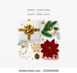 Christmas background with decorative Xmas elements of design. Gift box, shining gold glitter snowflake, golden ball, decoration bauble, sweet candy, pine cone and vintage watches. Greeting card