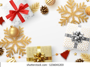 Christmas background with decorative Xmas elements of design. Gift box, shining gold glitter snowflake, golden ball, decorative bauble, Greeting card, template banner, web poster vector Illustration.