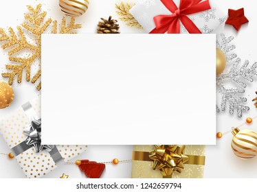 Christmas background with decorative Xmas elements of design. Gift box, shining gold glitter snowflake, golden ball, decorative bauble, Greeting card, template banner, web poster vector Illustration.