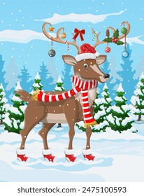 Christmas background. Deer with antlers scarf holly, bow, baubles. Winter landscape with fir trees forest and snowing. Happy new year celebration. New year xmas holiday. Vector illustration flat style