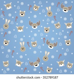 Christmas background with deer, bear, rabbit, fox and wolf