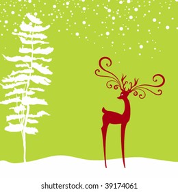 Christmas background with deer and fir in silhouette