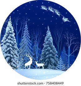 Christmas background with Deer in forest with snow in the winter season and christmas .