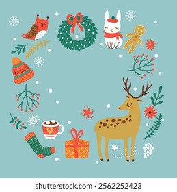Christmas background with deer and hare