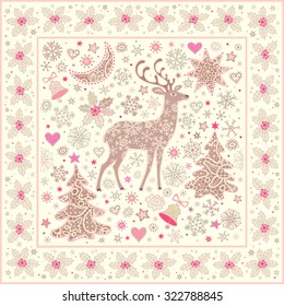 Christmas background with deer, lacy xmas trees, moon, stars, bells, snowflakes and sprigs of holly frame. Vector yellow pattern.