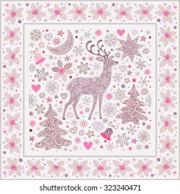 Christmas background with deer, lacy xmas trees, moon, stars, bells, snowflakes and sprigs of holly frame. Vector pink pattern.
