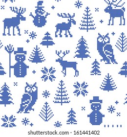 Christmas background with deer and owl for knitting 