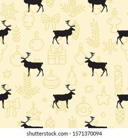 Christmas background with deer. Seamless pattern with black silhouettes of deer on a gold background of christmas decorations. Vector 8 EPS.