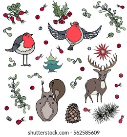 Christmas Background with Deer, Squirrel, Red Robin Bird, Berries. Isolated object on white background. All design elements are editable.