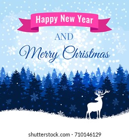Christmas background with deer and winter forest. Winter holiday christmas and new year illustration vector