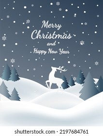 Christmas background with deers in forest. Winter landscape on background snowfall. Vector