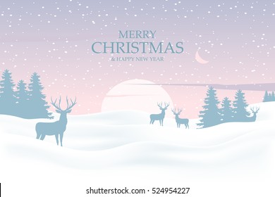 Christmas background with deers in forest. Winter landscape on background sunset