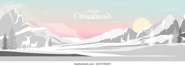 Christmas background with deers in forest.Winter forest landscape with reindeer, snow falling over mountain in morning sunrise sky,Vector cartoon Winter wonderland for xmas holiday,New Year 2014 Card