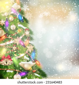 Christmas background of de-focused lights with decorated tree. EPS 10 vector file included