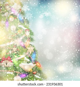 Christmas background of de-focused lights with decorated tree. EPS 10 vector file included