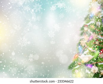 Christmas background of de-focused lights with decorated tree. EPS 10 vector file included